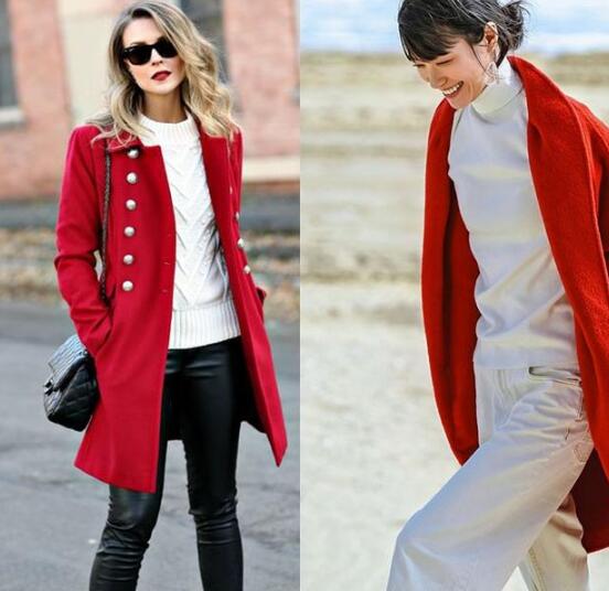 大红外衣 白色毛衣